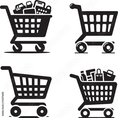 Full and empty shopping cart symbol, vector silhouette shop and sale, shopping cart icon set,