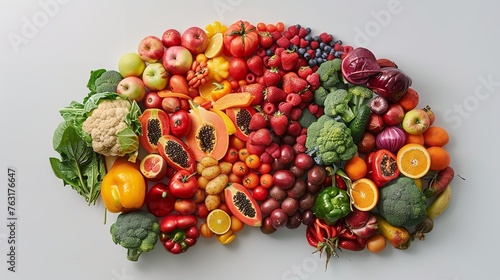 Fresh fruit and vegetable highlights on a white backdrop form the structure of a brain. Generative Ai
