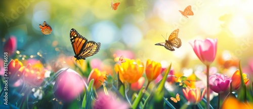 A dreamy scene of delicate butterflies gliding over a radiant field of multi-colored tulips bathed in sunlight