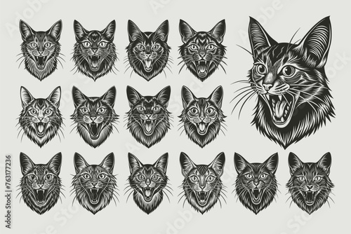 Funny meowing somali cat head illustration design collection