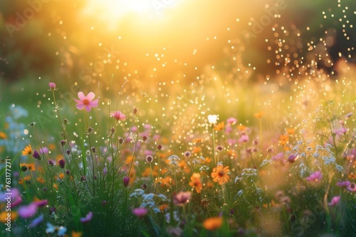 The golden sunrise casts a radiant glow over a field of dew-kissed flowers, creating a bokeh of light among the colorful petals