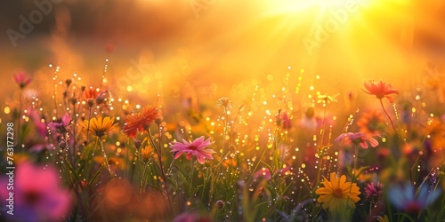 A breathtaking sunset drenches a field of dew-laden wildflowers in a warm, golden light, radiant bokeh effects