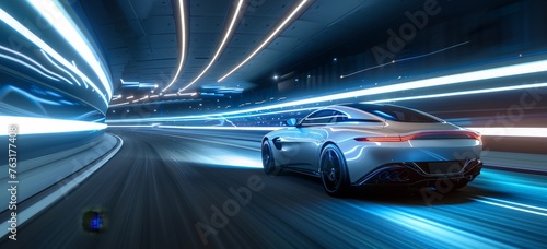 An electric blue personal luxury car drives through a tunnel at night © Jahid