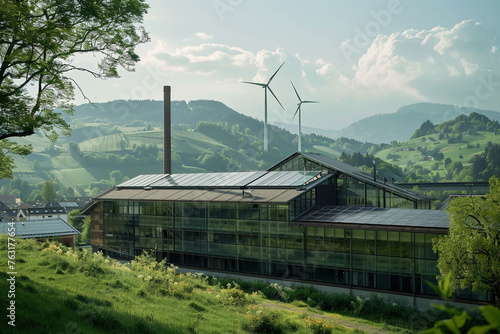 Discover sustainable manufacturing with a chimney-free factory using solar energy and wind turbines in a picturesque valley setting