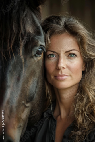 A close-up portrait of a woman with captivating green eyes gazing affectionately and dark horse