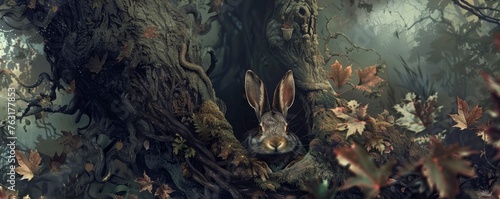 cute hare with the trees and foliage surrounding