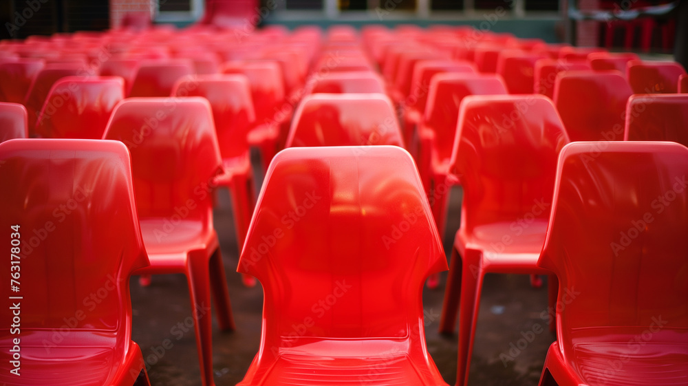 Naklejka premium Rows of red plastic chairs in an empty stadium