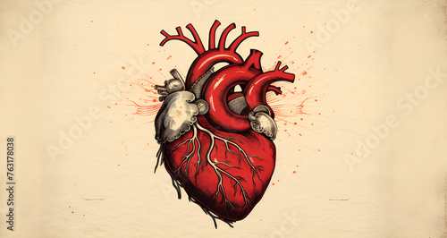 Human heart anatomy. Educational diagram showing blood flow with main parts labeled, heart attack on a light anatomy background concept of art  photo