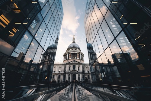 A wide angle shot of the dome of St Paul's Cathedral through glass buildings