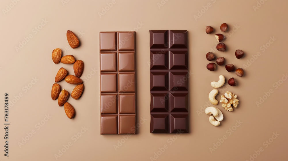 Top view of chocolate bars and variety of nuts on beige brown split background. Healthy snacks concept. Generative AI Top view of chocolate bars and variety of nuts on beige brown split background. Healthy snacks concept. Generative AI