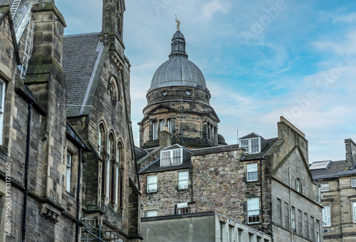 Buildings and dome of Playfair Library Hall in the Old Town of Edinburgh city, Scotland, UK