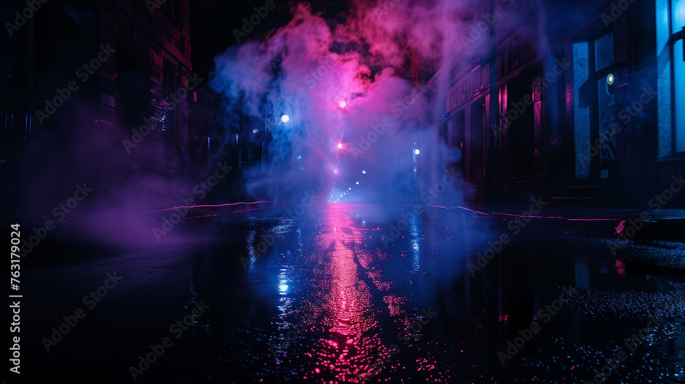 Foggy street at night with lights and fog. Abstract background.