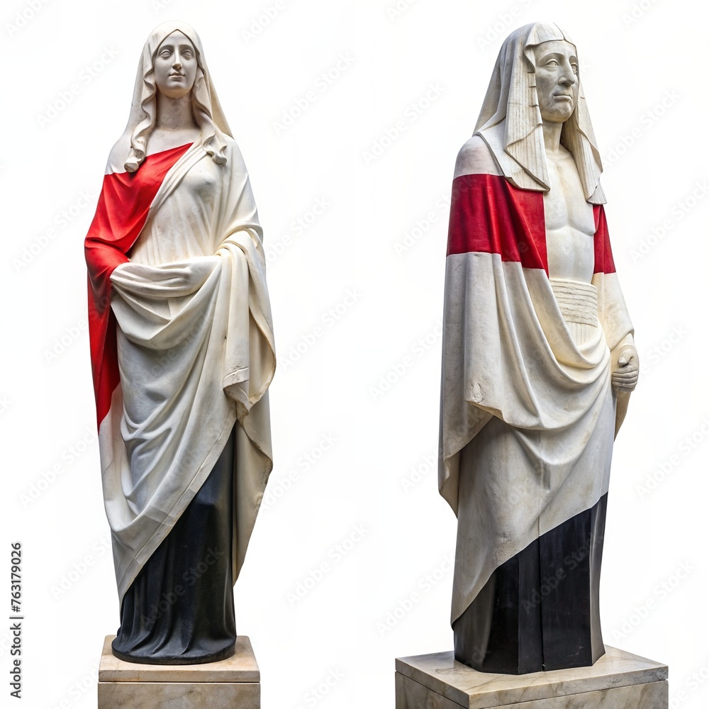 Egypt statue of a man and women, carved from white marble stone, wrapped in the fabric of the italy flag  isolated on a white background