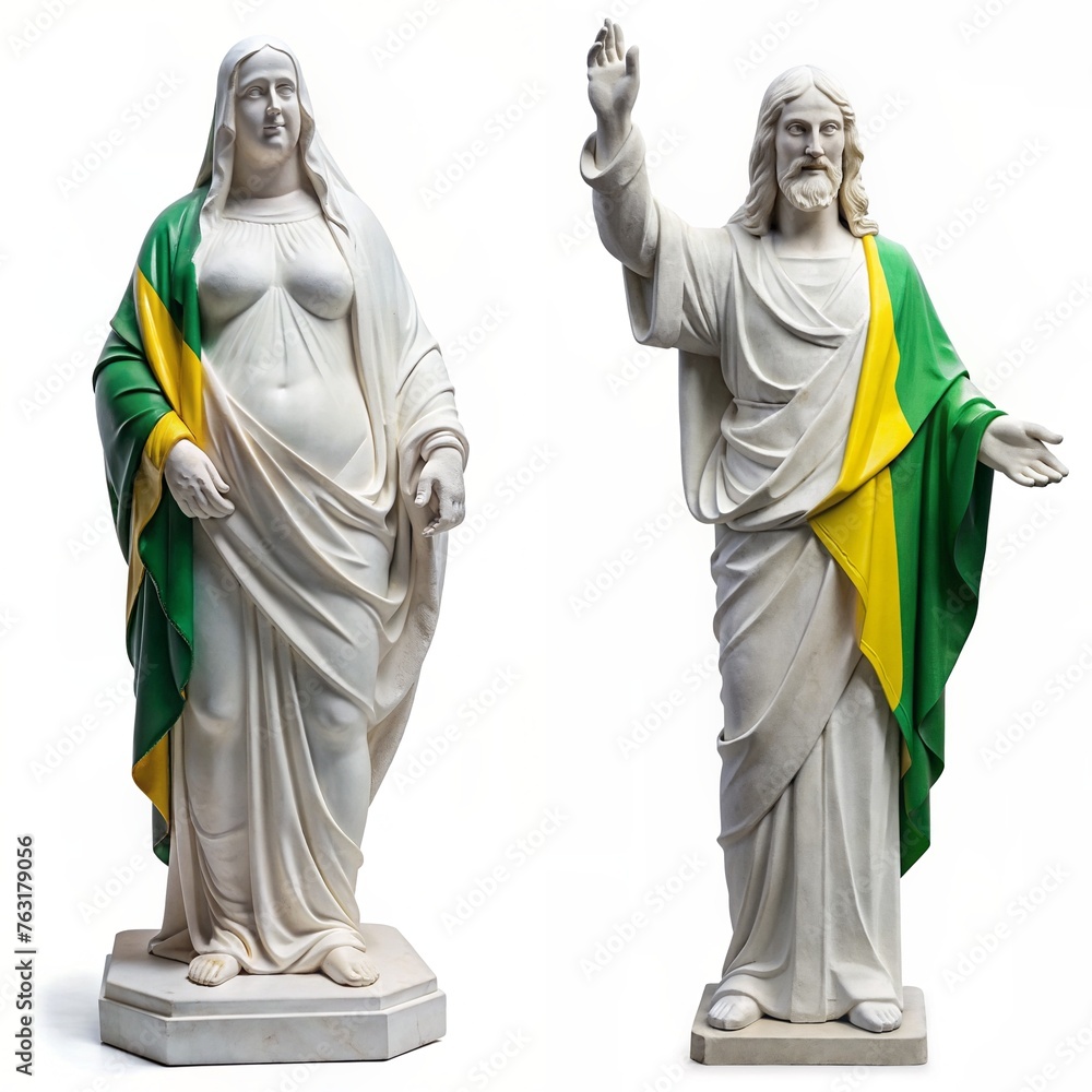 Brazil statue of a man and women, carved from white marble stone, wrapped in the fabric of the italy flag  isolated on a white background