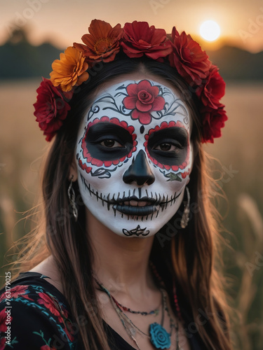 Photograph Of Woman With Mexican Skull Face Paint In Field