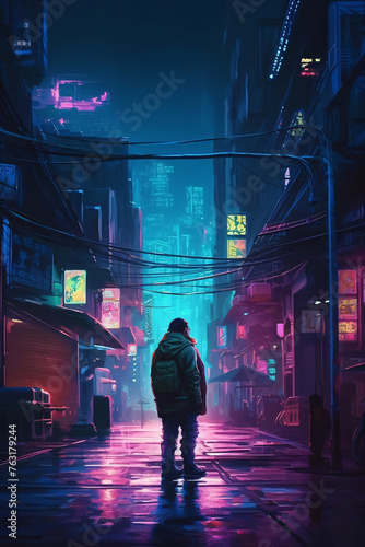 a lonely figure in a futuristic city with neon lights