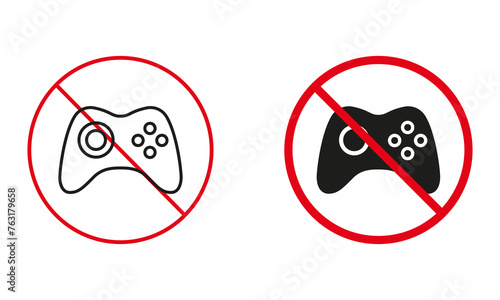 Game Pad Console Line and Silhouette Icons. Gamepad Control Not Allowed, Ban Joystick Warning Sign Set. Video Game Forbidden Zone Symbol. Isolated Vector Illustration