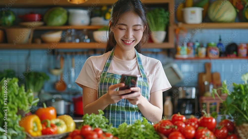Happy Asian lady in the kitchen with new groceries, utilizing her smartphone. Generative Ai