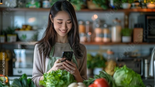 Happy Asian lady in the kitchen with new groceries, utilizing her smartphone. Generative Ai