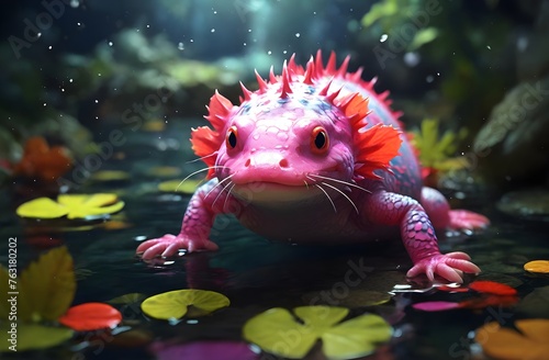 A vibrant color Axolotl roaming in the swamp