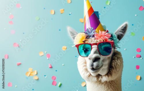 Happy Birthday, carnival, ,Alpaca with party hat and sunglasses on blue background photo