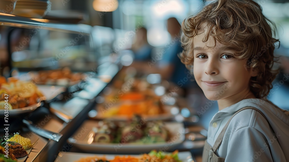 Happy child boy and other kids at buffet of cafeteria in elementary school or hotel. Generative Ai