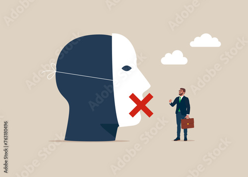 Head human with sticking plaster his mouth. Lies, fraud or fake, business cheating or suspicion false. Modern vector illustration in flat style.