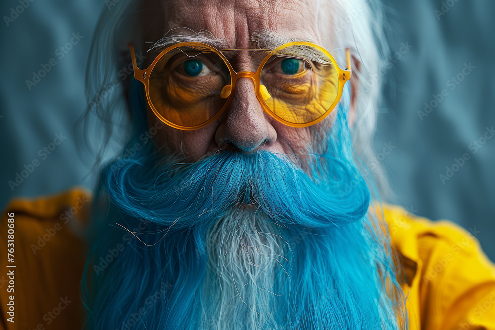 A man with a blue mustache and yellow glasses. He has blue hair and is wearing a yellow shirt. a very old man with long blue beard wearing yellow sunglasses. Charismatic bearded man looking at camera