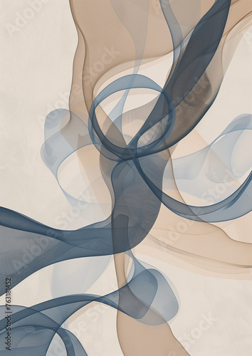Abstract Blue and Grey Art Print Featuring Curves and Letters