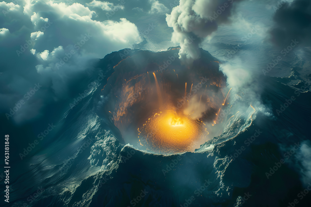 Fiery volcanic crater erupting with smoke and lava. A dramatic display of Earth's geothermal power for educational and environmental impact studies - obrazy, fototapety, plakaty 
