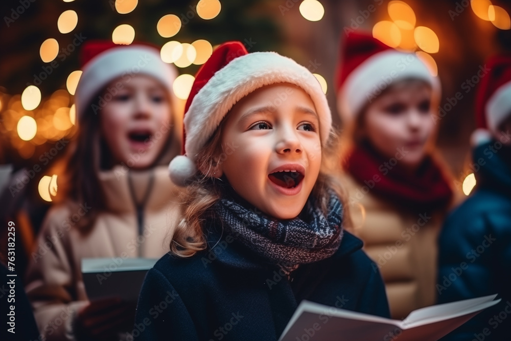 Excited Children in Santa Hats Singing Carols on Christmas Eve Excited Children in Santa Hats Singing Carols on Christmas Eve
