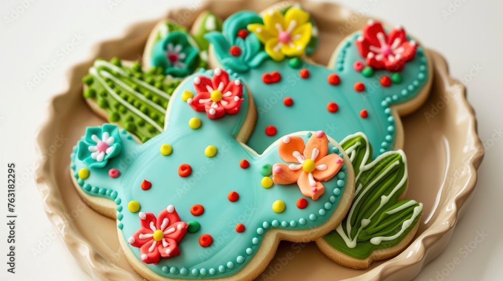Cinco de Mayo day concept decorated sugar cookies in the shape of cacti with vibrant green and blue icing with bright red or yellow flowers.