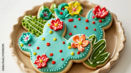 Cinco de Mayo day concept decorated sugar cookies in the shape of cacti with vibrant green and blue icing with bright red or yellow flowers.