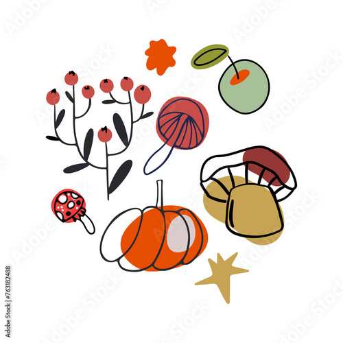 Autumn design in flat style, natural fall elements. Hand-drawn bird and leaves clipart. Isolated vector illustration on white background for postcards, textiles, websites and social media