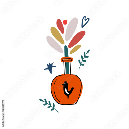 Autumn design in flat style, natural fall elements. Hand-drawn abstract vase with fruits and berries. Decorative Isolated vector illustration on white background for postcards, textiles, websites