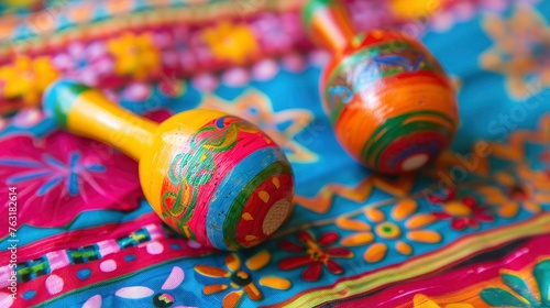 Colorful painted wooden maracas on a colorful table cloth with Mexican patterns