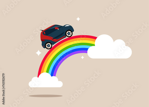 Car rides on colorful rainbow in the sky. Success hope and bright future. Electric car stock pice soaring and profit increase in new economy stock market. Flat vector illustration