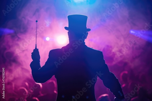 The back view of a male magician or illusionist in a suit and top hat, holding a magic wand on stage with dramatic backlit lighting, suggesting a moment of suspense before a magic trick is revealed
