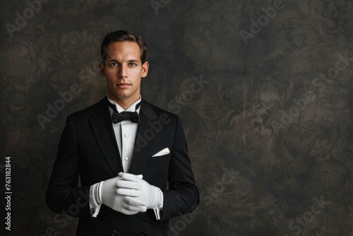 A well-dressed man in a black suit and white gloves, possibly a waiter or a butler, his stance is one of service or waiting, with a neutral backdrop that emphasizes his formal attire