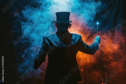 The back view of a male magician or illusionist in a suit and top hat, holding a magic wand on stage with dramatic backlit lighting, suggesting a moment of suspense before a magic trick is revealed