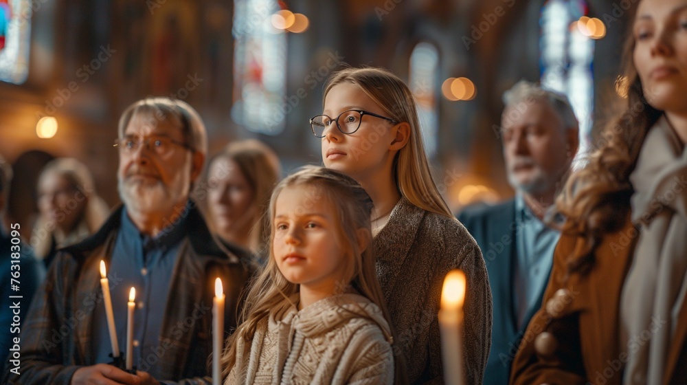 family at church Hold candles and pray together during an Easter service in a vintage cathedral, with others in the background. ai generated.