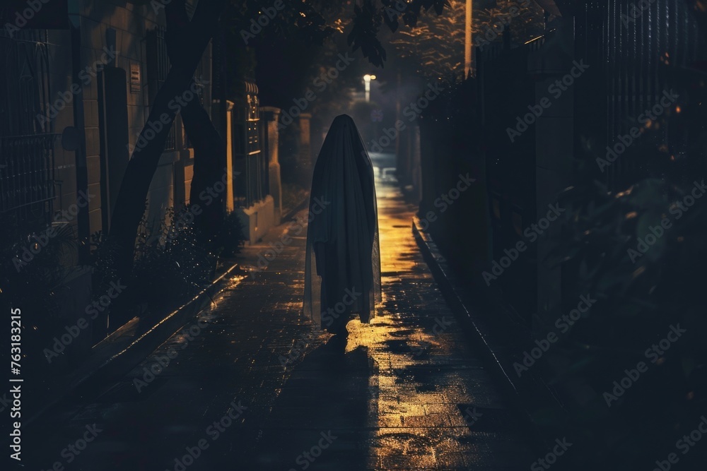 A ghostly figure is depicted in a dark and eerie street setting, which is an artistic representation likely inspired by the Mexican legend of La Llorona, often associated with Halloween