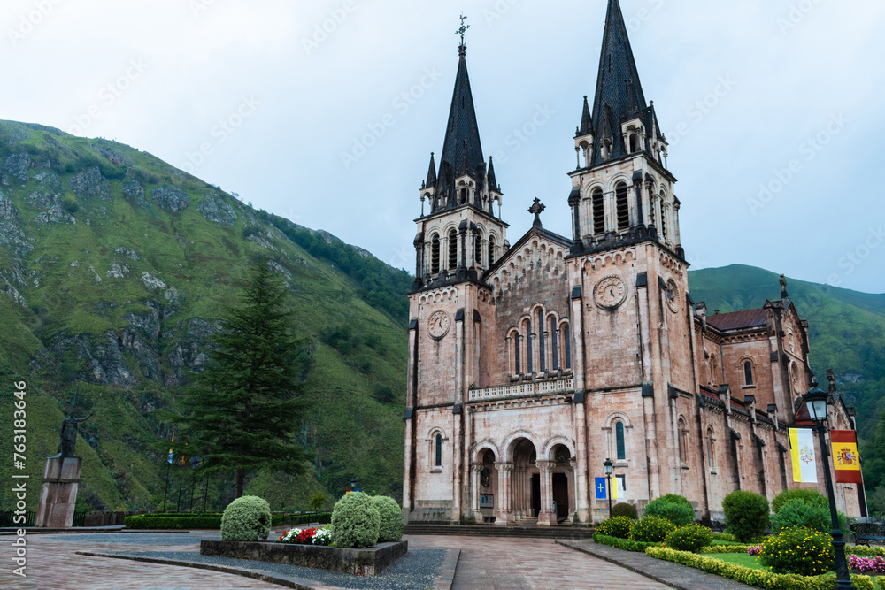 View Of The Façade Of The Basilica Of Santa Maria In Covadonga. Asturias, Spain View Of The Façade Of The Basilica Of Santa Maria In Covadonga. Asturias, Spain