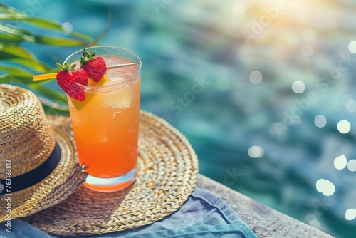glass with a summer refreshing orange drink, lemonade with ice on the sea background with summer hat photo