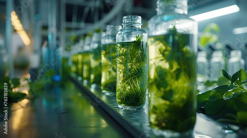 Laboratory study on green algae biofuel science and technology. Generative Ai photo