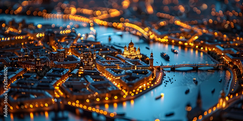 Bright city lights, High aerial satellite view of an urban city at night with glowing lights.