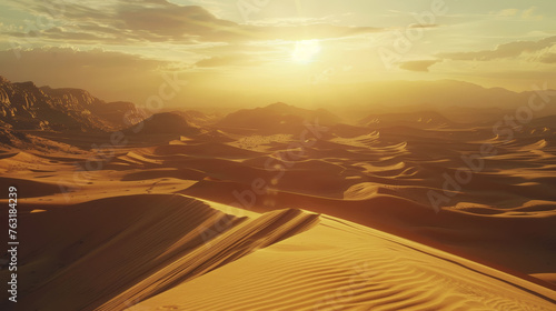 Desert landscape with sand dunes  sultry sun. Extreme adventure concept. Generative AI