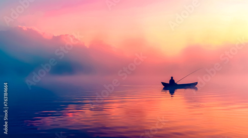 Lone fisherman in a boat on a tranquil lake with a vivid sunrise backdrop © edojob