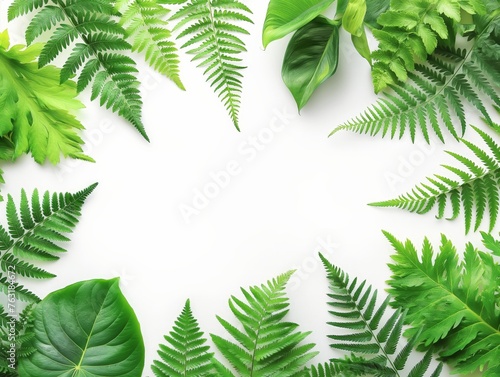 Assorted green foliage forming a natural border around a clean white space.