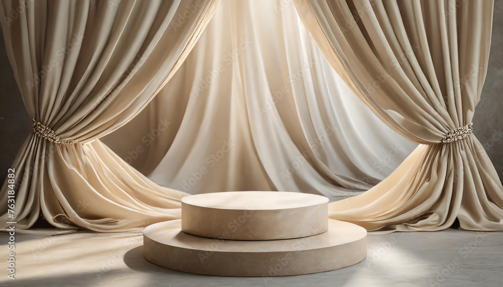 3D display podium with beige silk curtain, perfect for modern exhibitions